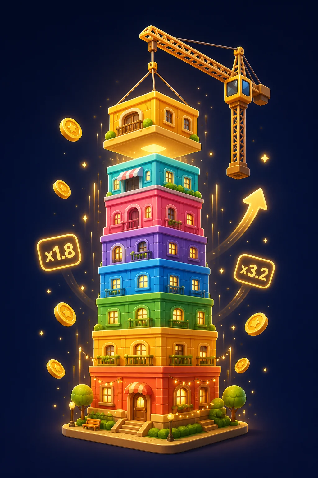 Tower Rush Gameplay Screenshot - Turm wächst in die Höhe mit Multiplikator und Cash-Out-Button